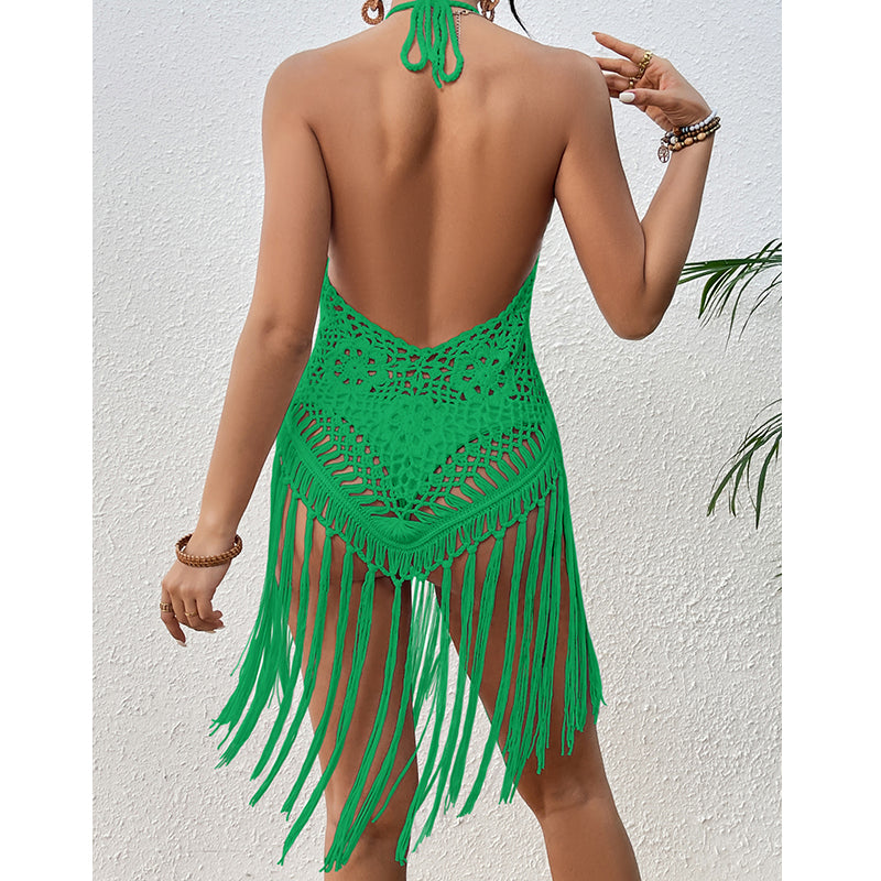 Beach Vacation Sexy Big Backless Hand Crocheting Lace Up Cutout Tassel Bikini Short Top Crochet hook Bella Mia