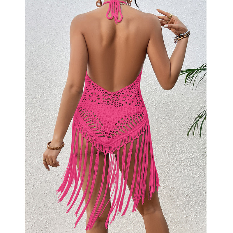Beach Vacation Sexy Big Backless Hand Crocheting Lace Up Cutout Tassel Bikini Short Top Crochet hook Bella Mia
