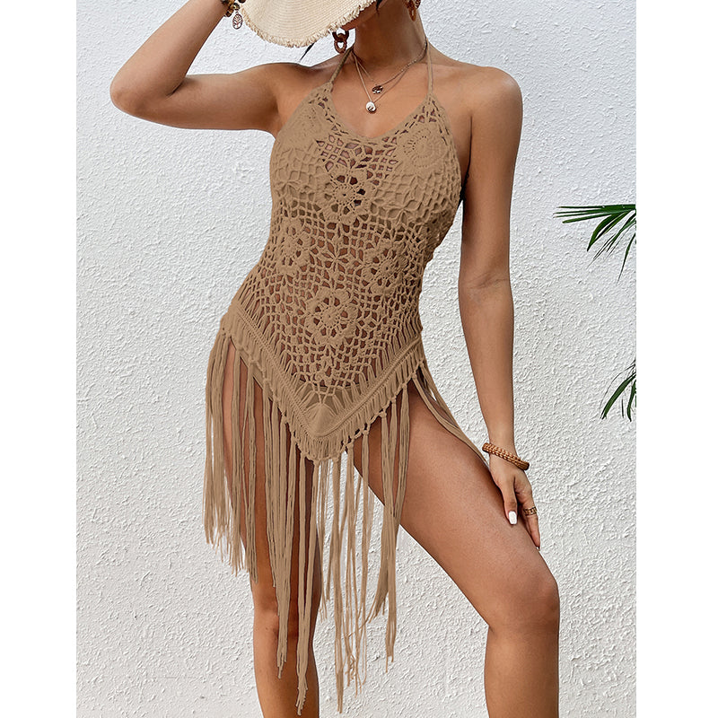 Beach Vacation Sexy Big Backless Hand Crocheting Lace Up Cutout Tassel Bikini Short Top Crochet hook Bella Mia