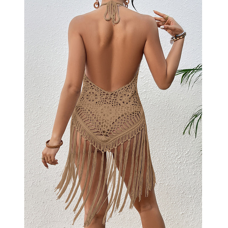 Beach Vacation Sexy Big Backless Hand Crocheting Lace Up Cutout Tassel Bikini Short Top Crochet hook Bella Mia