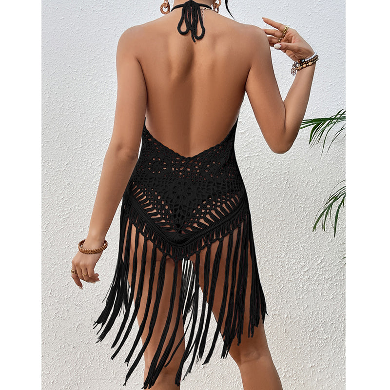 Beach Vacation Sexy Big Backless Hand Crocheting Lace Up Cutout Tassel Bikini Short Top Crochet hook Bella Mia