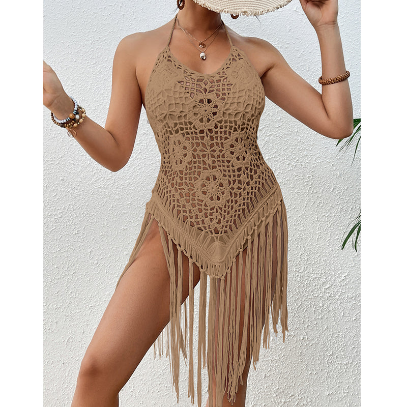 Beach Vacation Sexy Big Backless Hand Crocheting Lace Up Cutout Tassel Bikini Short Top Crochet hook Bella Mia