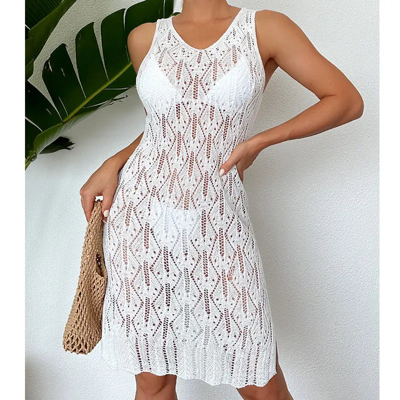 Women Mid Length Sexy Cutout Solid Color Vest Dress Side Slit Beach Dress Crochet hook Bella Mia