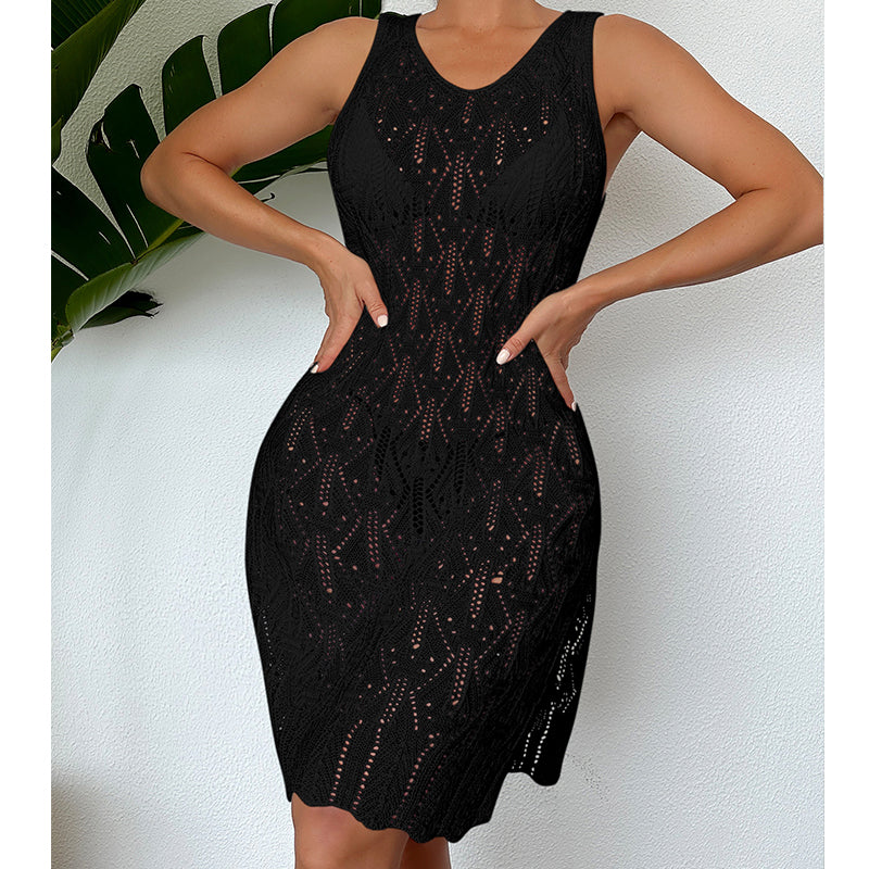 Women Mid Length Sexy Cutout Solid Color Vest Dress Side Slit Beach Dress Crochet hook Bella Mia