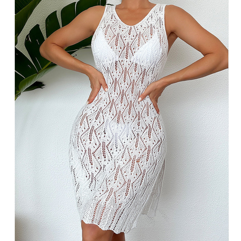 Women Mid Length Sexy Cutout Solid Color Vest Dress Side Slit Beach Dress Crochet hook Bella Mia