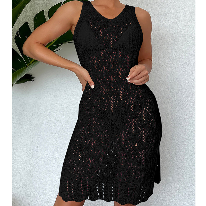 Women Mid Length Sexy Cutout Solid Color Vest Dress Side Slit Beach Dress Crochet hook Bella Mia