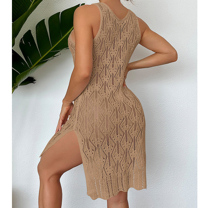 Women Mid Length Sexy Cutout Solid Color Vest Dress Side Slit Beach Dress Crochet hook Bella Mia