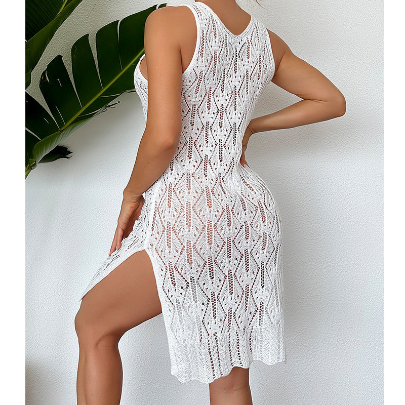 Women Mid Length Sexy Cutout Solid Color Vest Dress Side Slit Beach Dress Crochet hook Bella Mia