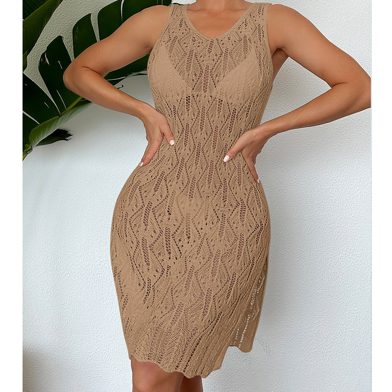 Women Mid Length Sexy Cutout Solid Color Vest Dress Side Slit Beach Dress Crochet hook Bella Mia