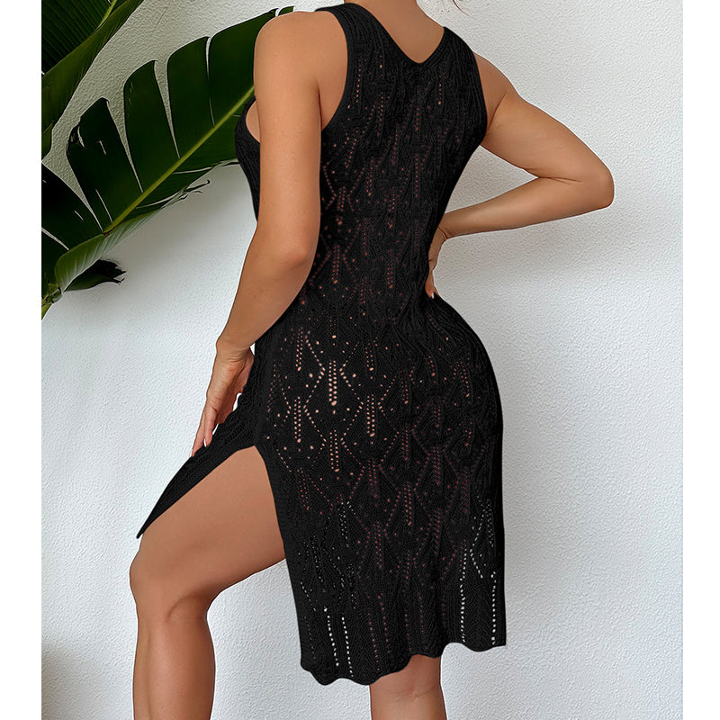 Women Mid Length Sexy Cutout Solid Color Vest Dress Side Slit Beach Dress Crochet hook Bella Mia