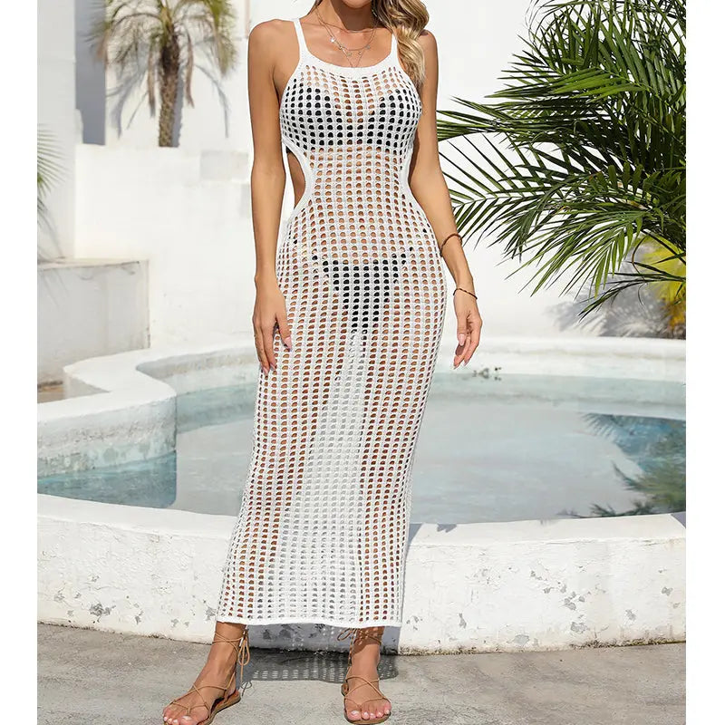 Sexy Hollow Out Cutout Waist Long Solid Color Breathable Sling Maxi Dress Beach Sun Shield Dress Crochet hook Bella Mia