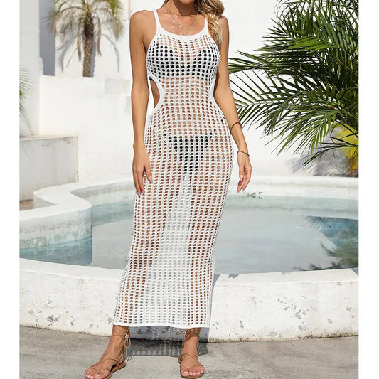 Sexy Hollow Out Cutout Waist Long Solid Color Breathable Sling Maxi Dress Beach Sun Shield Dress Crochet hook Bella Mia