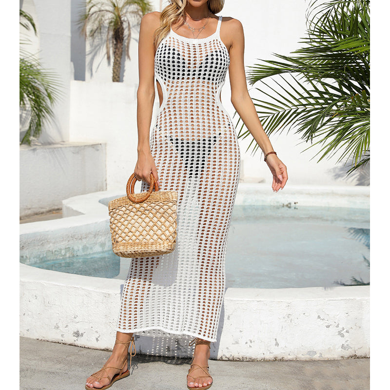 Sexy Hollow Out Cutout Waist Long Solid Color Breathable Sling Maxi Dress Beach Sun Shield Dress Crochet hook Bella Mia