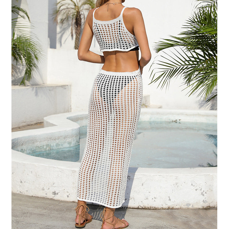 Sexy Hollow Out Cutout Waist Long Solid Color Breathable Sling Maxi Dress Beach Sun Shield Dress Crochet hook Bella Mia