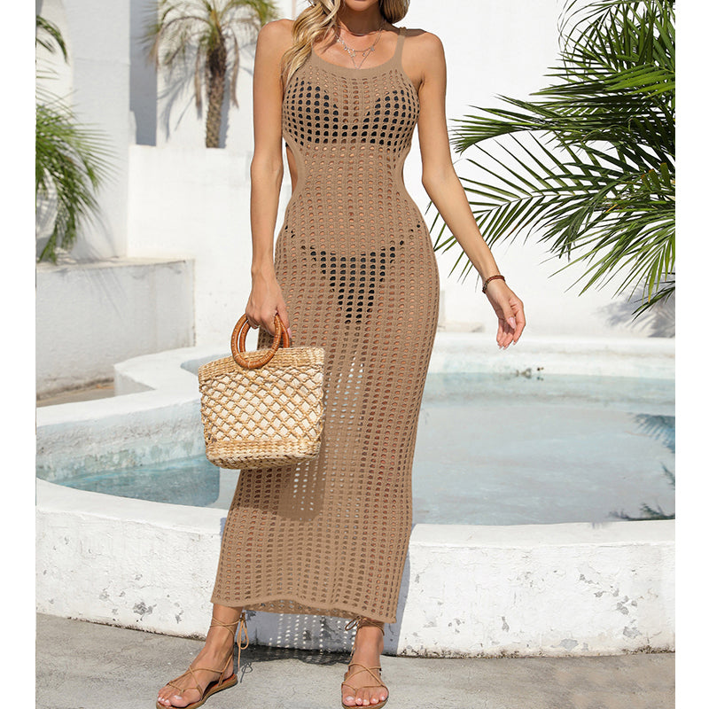 Sexy Hollow Out Cutout Waist Long Solid Color Breathable Sling Maxi Dress Beach Sun Shield Dress Crochet hook Bella Mia