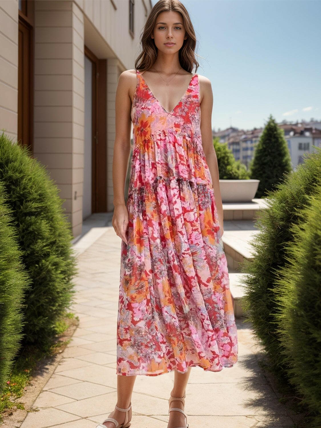 Tiered Printed V-Neck Sleeveless Dress.