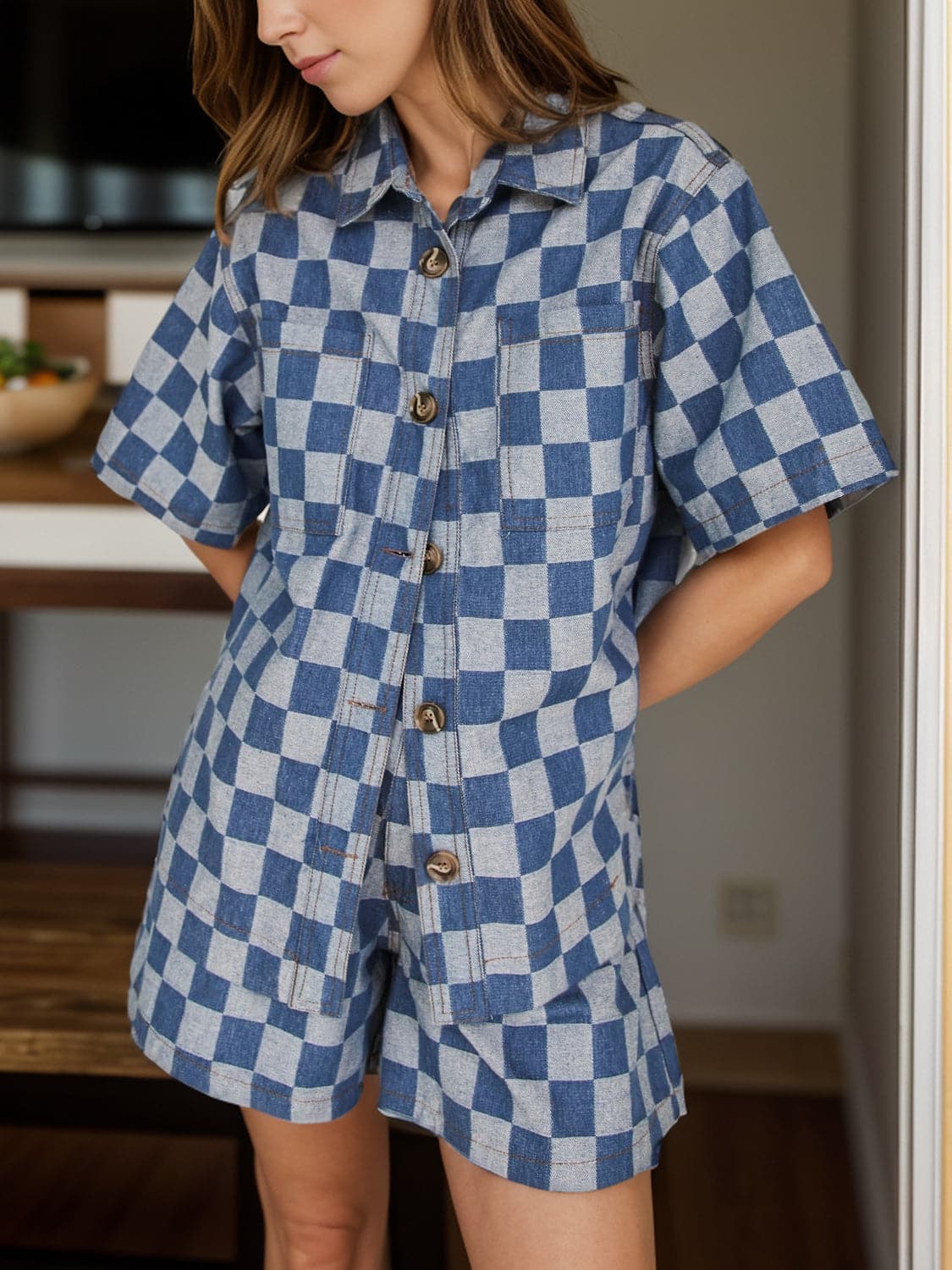 Checkered Button Up Half Sleeve Top and Shorts Set.