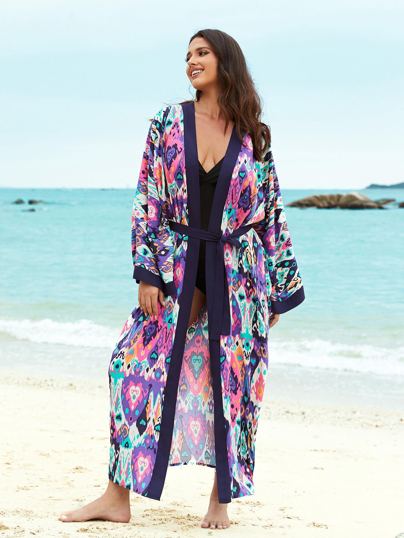 Rayon Printed Beach Cover up Sexy Cardigan Loose Vacation Sun Protection Shirt Beach Cover Up Bella Mia