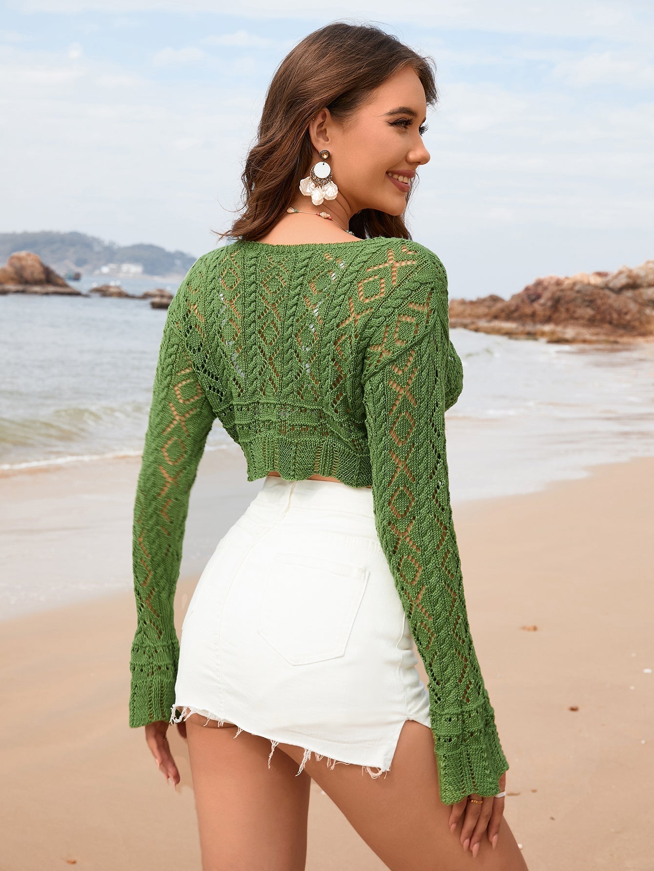 Spring Summer Rope Blouse V neck Solid Color Women Knitwear Bella Mia