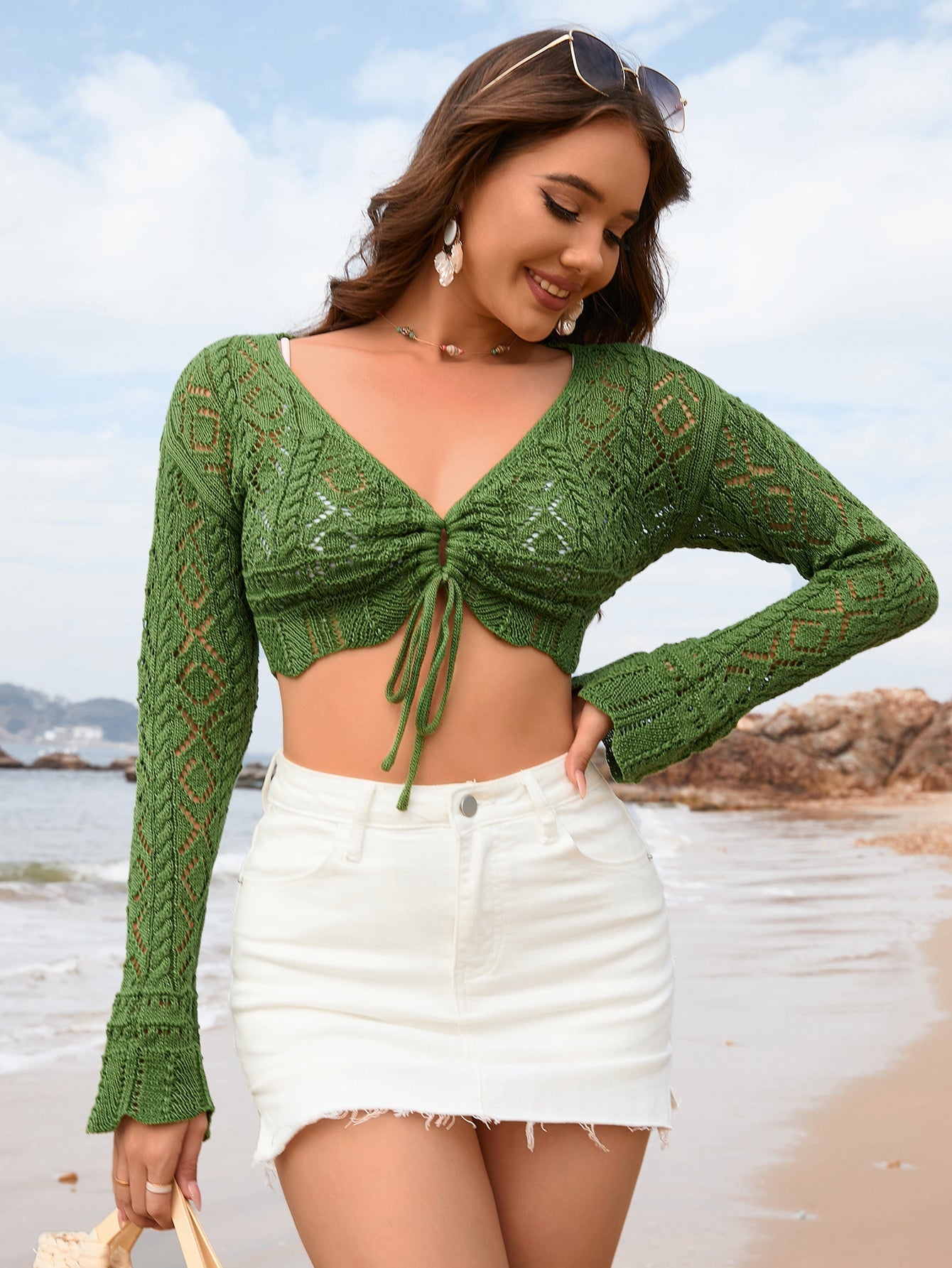 Spring Summer Rope Blouse V neck Solid Color Women Knitwear Bella Mia