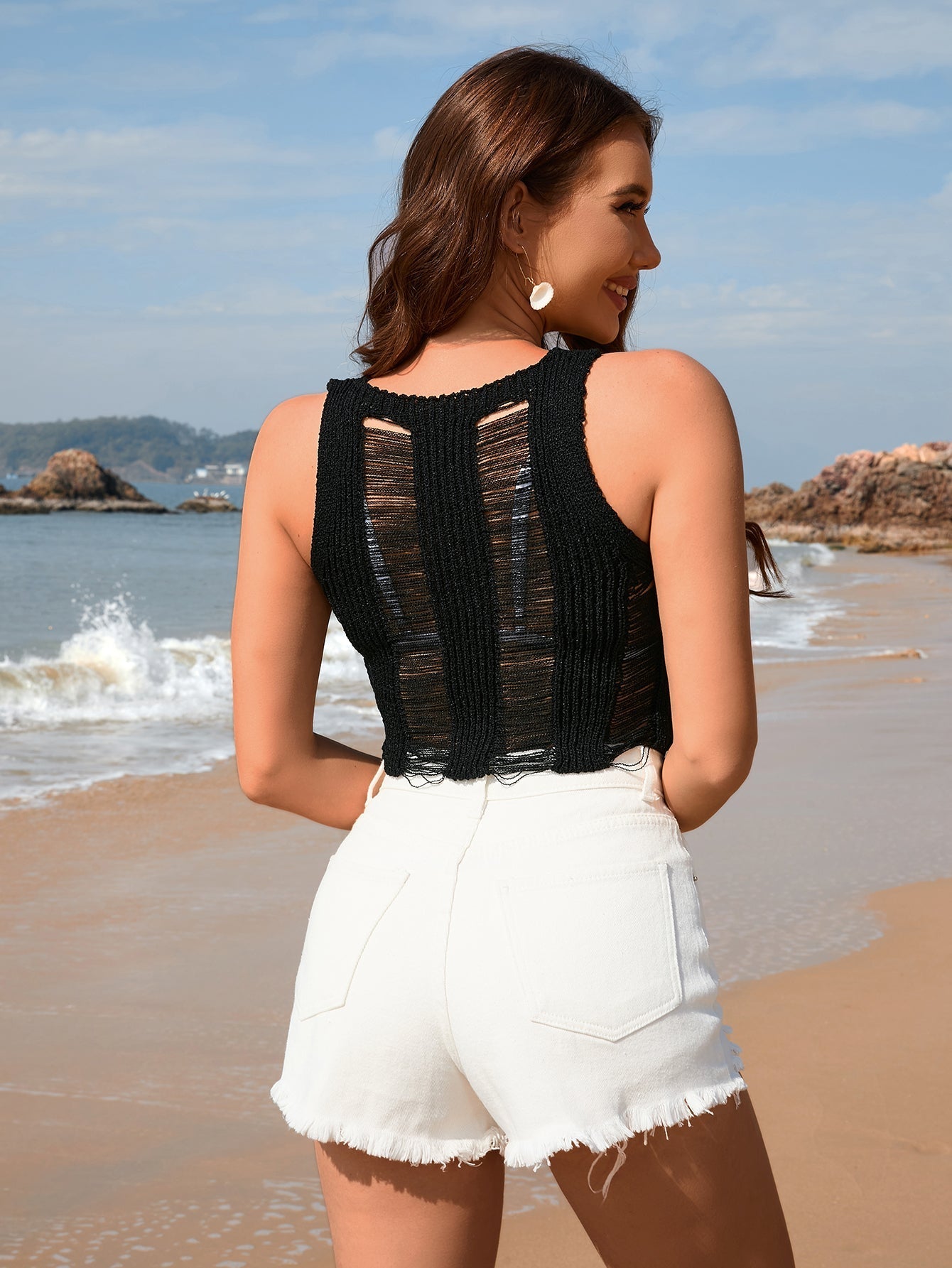 Spring Summer Cotton Slim Fit Camisole Hollow Out Cutout Solid Color White Women Vest Bella Mia