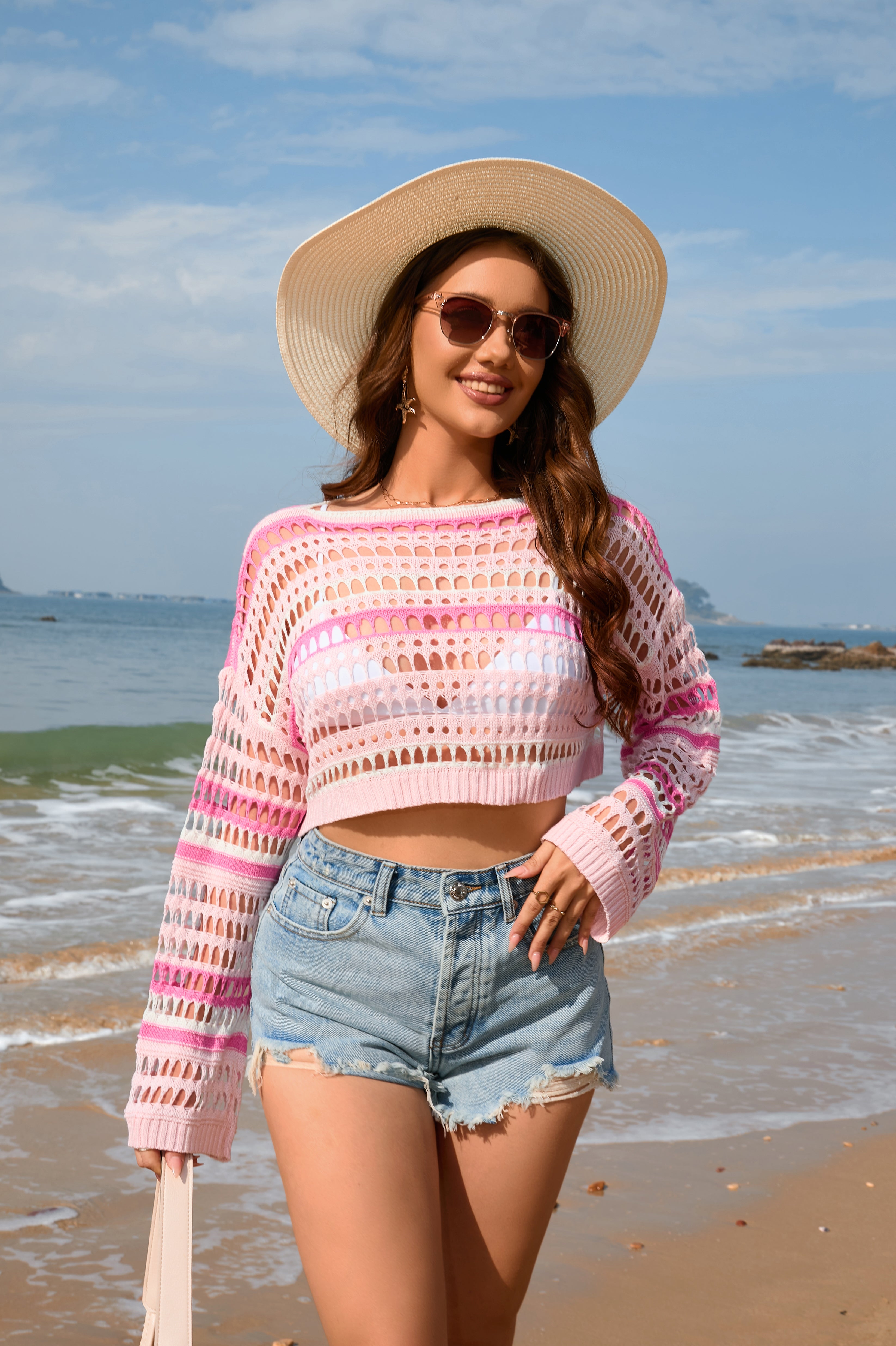 Spring Summer Women Hollow Out Cutout Striped Stitching Sexy Pullover Women Knitwear Bella Mia