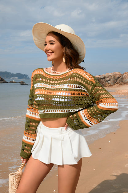 Spring Summer Women Hollow Out Cutout Striped Stitching Sexy Pullover Women Knitwear