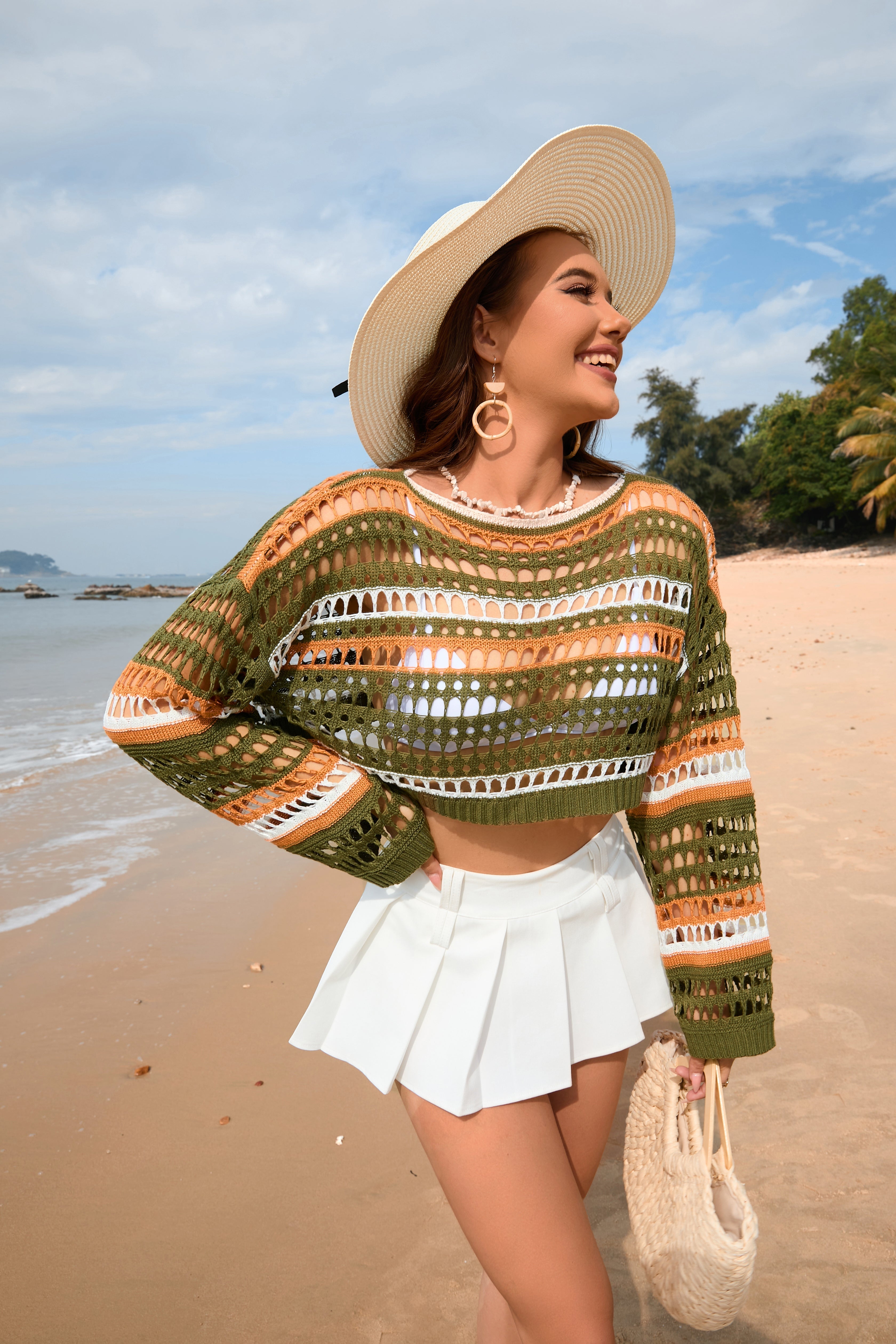 Spring Summer Women Hollow Out Cutout Striped Stitching Sexy Pullover Women Knitwear Bella Mia