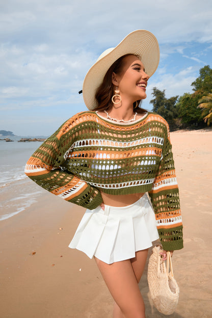 Spring Summer Women Hollow Out Cutout Striped Stitching Sexy Pullover Women Knitwear