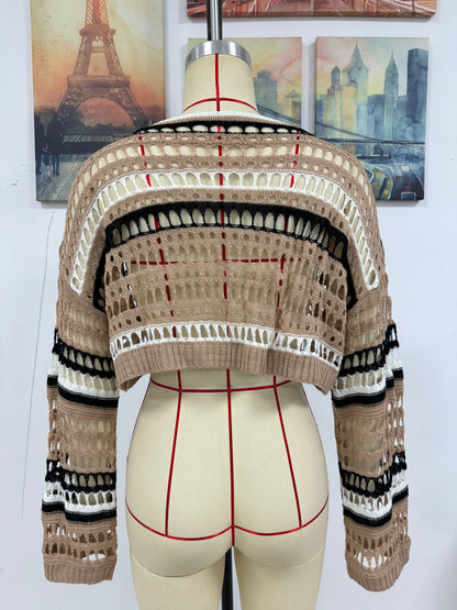Spring Summer Women Hollow Out Cutout Striped Stitching Sexy Pullover Women Knitwear