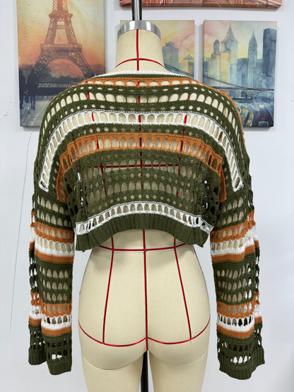 Spring Summer Women Hollow Out Cutout Striped Stitching Sexy Pullover Women Knitwear
