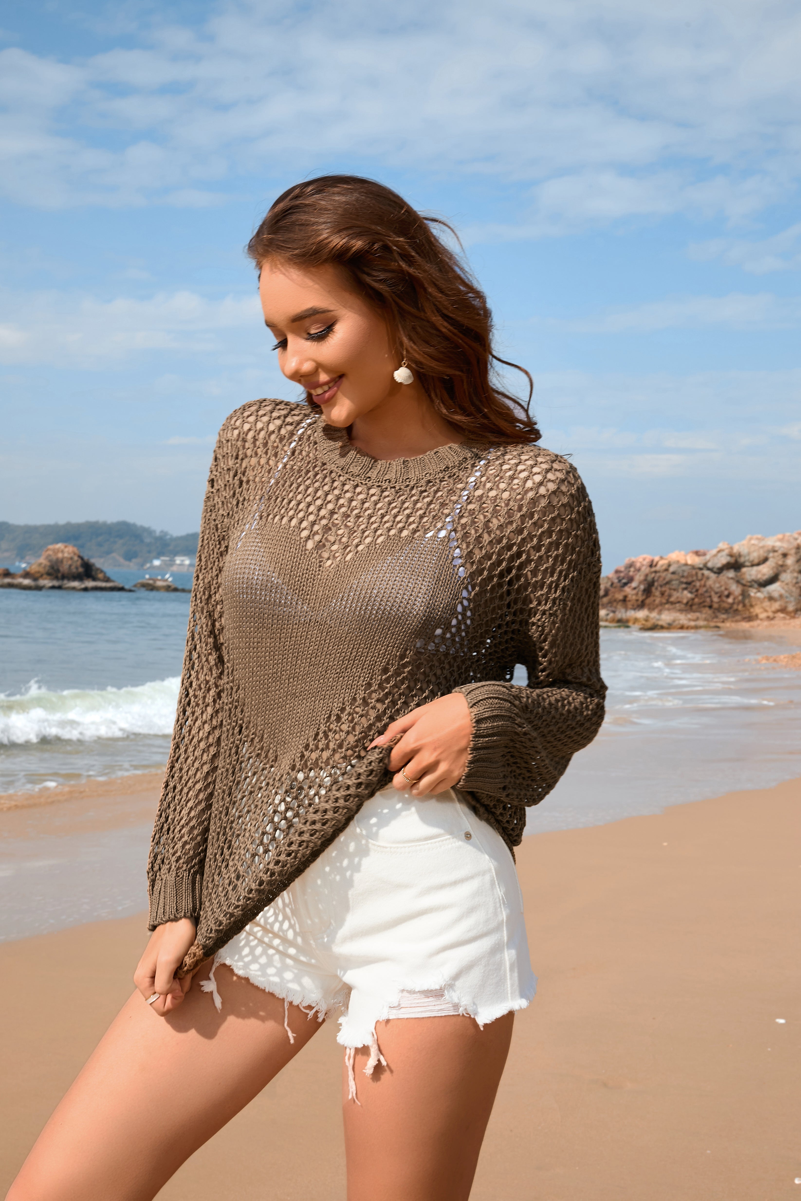 Summer Women Knitwear Round Neck Love Beach Cover Up Vacation Solid Color Women Knitwear Bella Mia