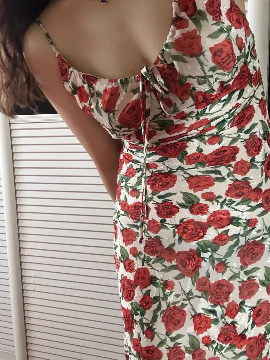 Women Rose Jacquard Printed Slim Waist Fishtail Cami Dress