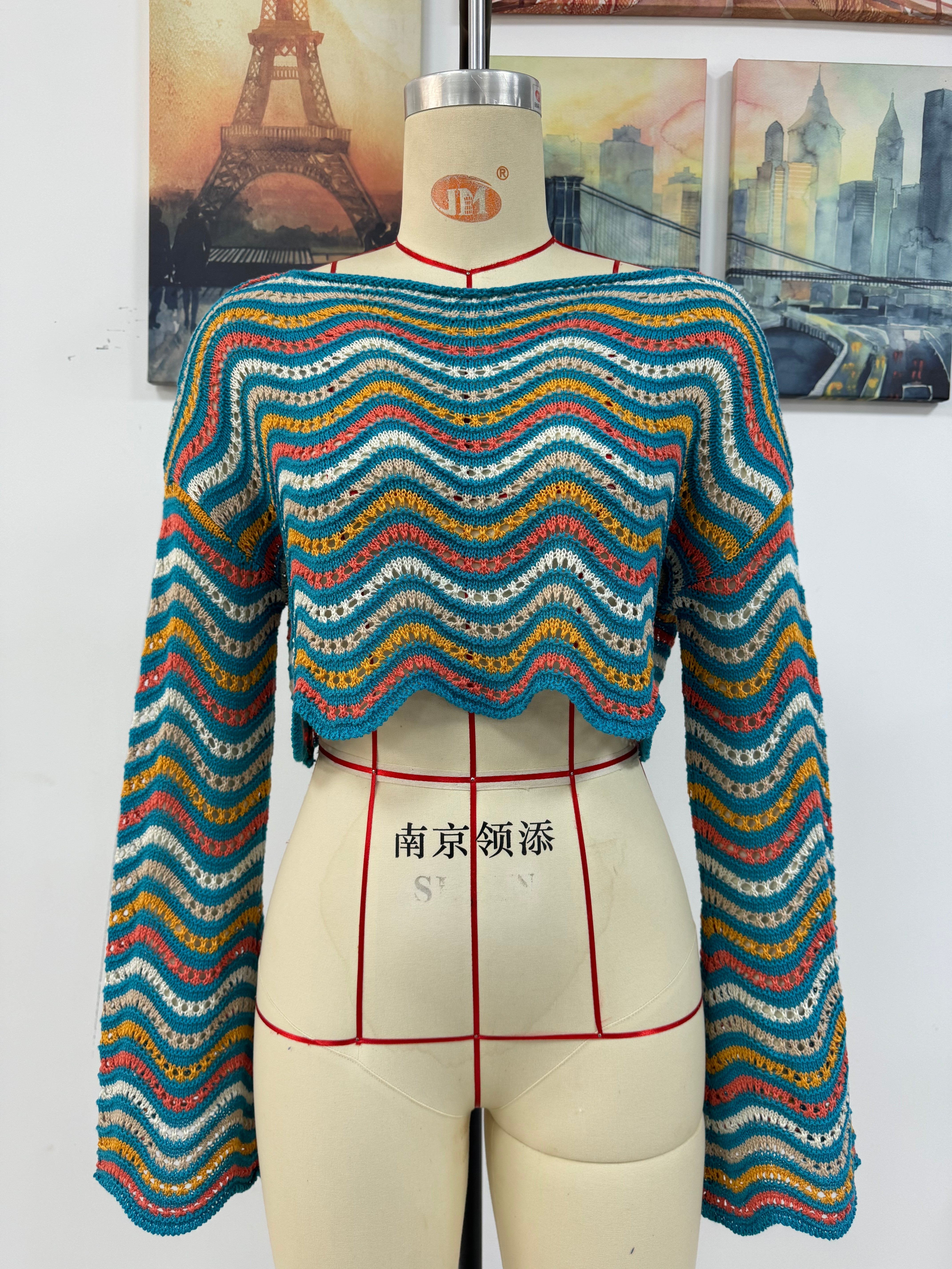 Spring Summer Stitching Loose Mixed Color Round Neck Stripes Women Knitwear Bella Mia