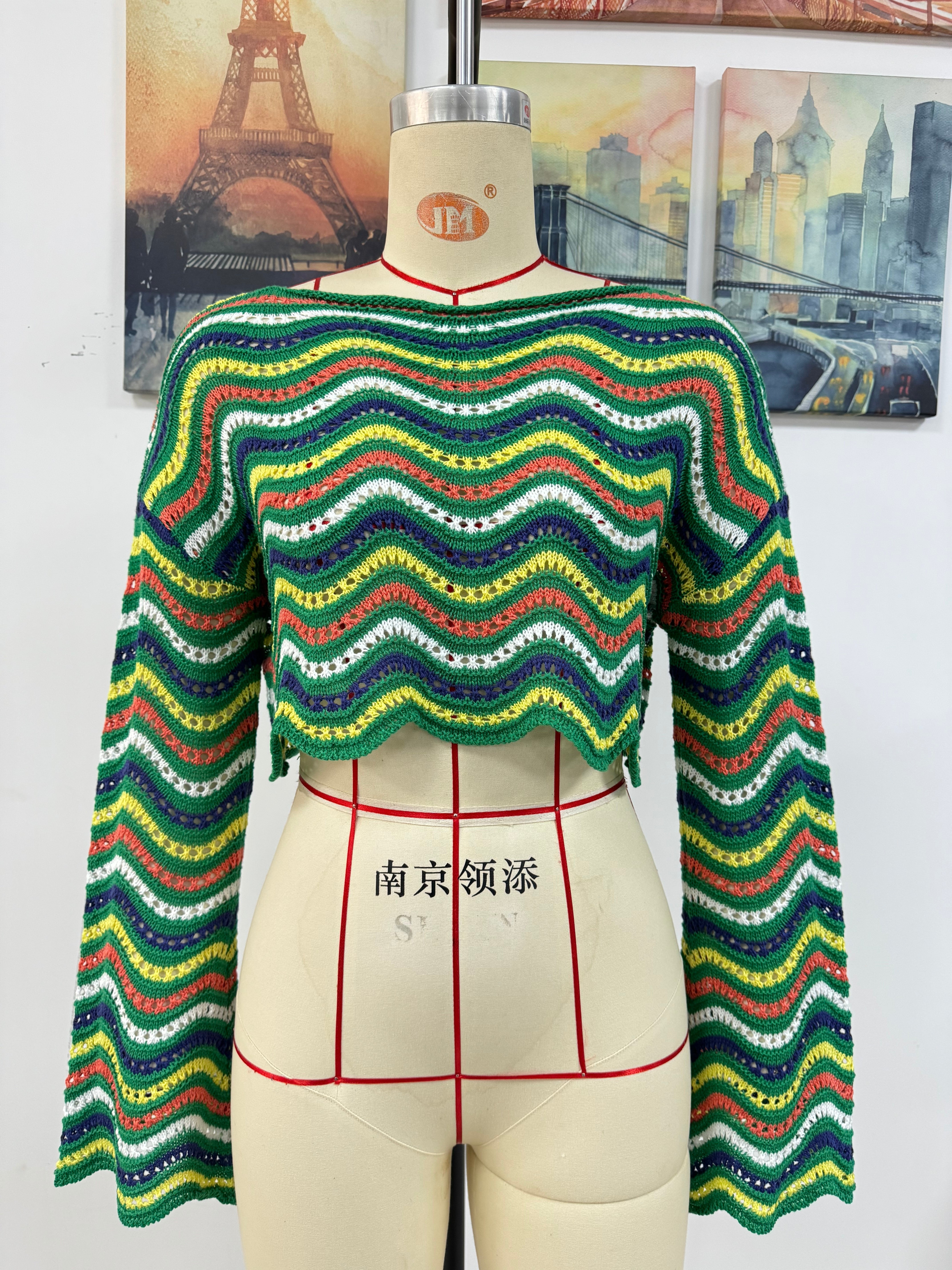 Spring Summer Stitching Loose Mixed Color Round Neck Stripes Women Knitwear Bella Mia