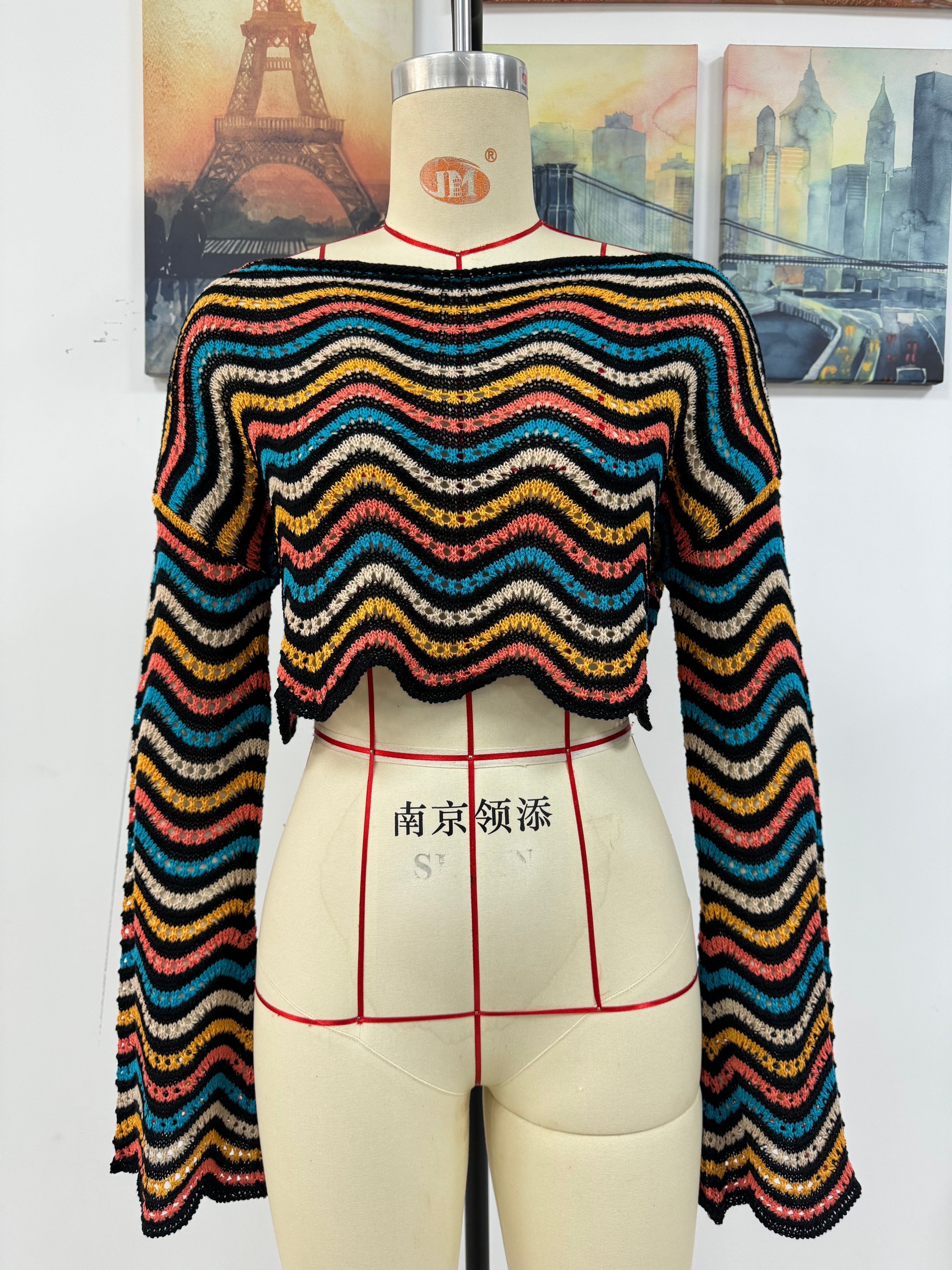 Spring Summer Stitching Loose Mixed Color Round Neck Stripes Women Knitwear Bella Mia