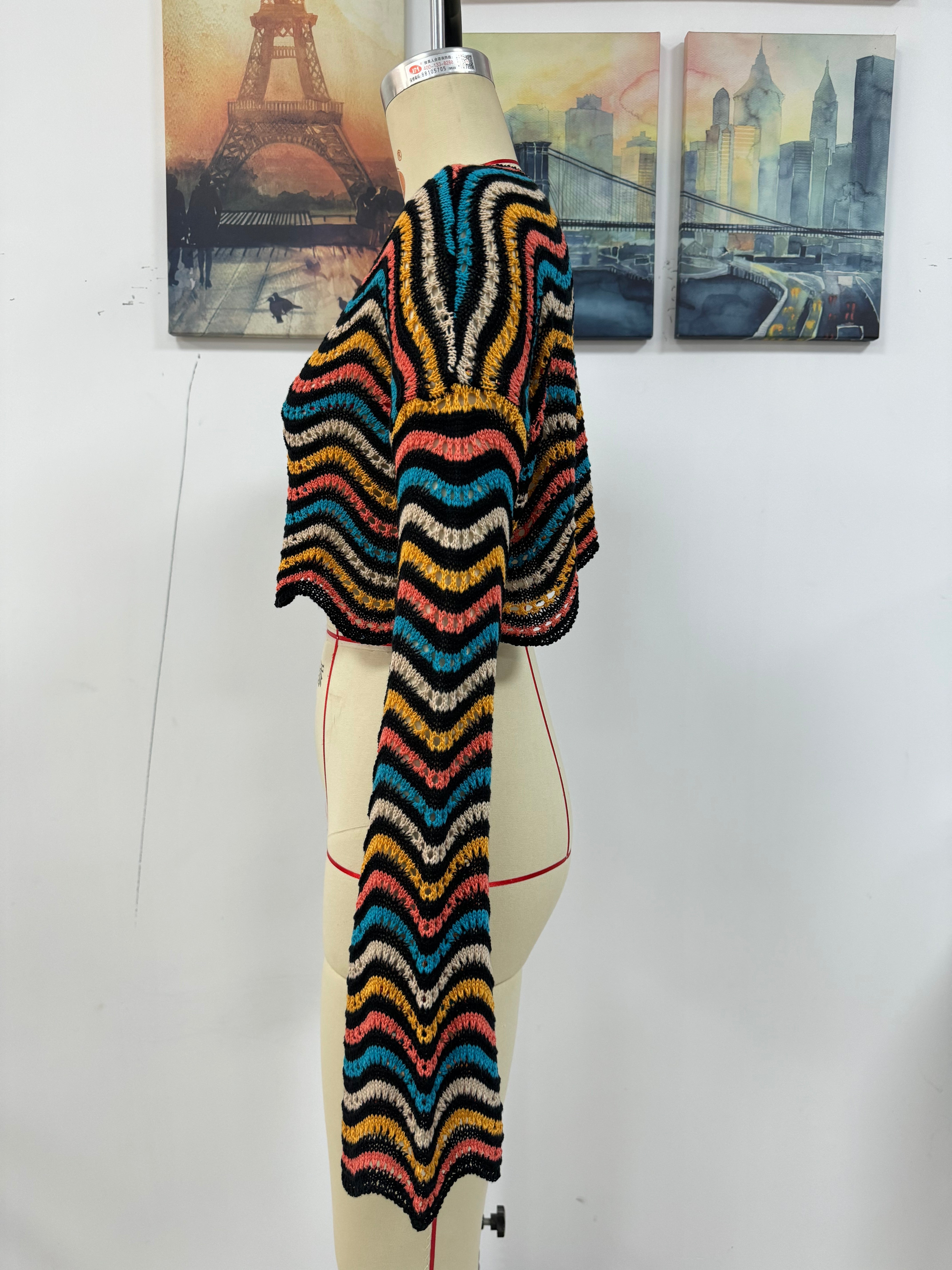 Spring Summer Stitching Loose Mixed Color Round Neck Stripes Women Knitwear Bella Mia