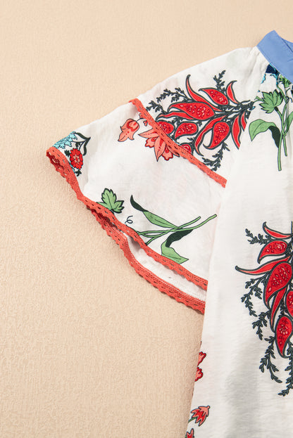 White Floral Print Contrast V Neck Tassel Tie Lace Detail Blouse