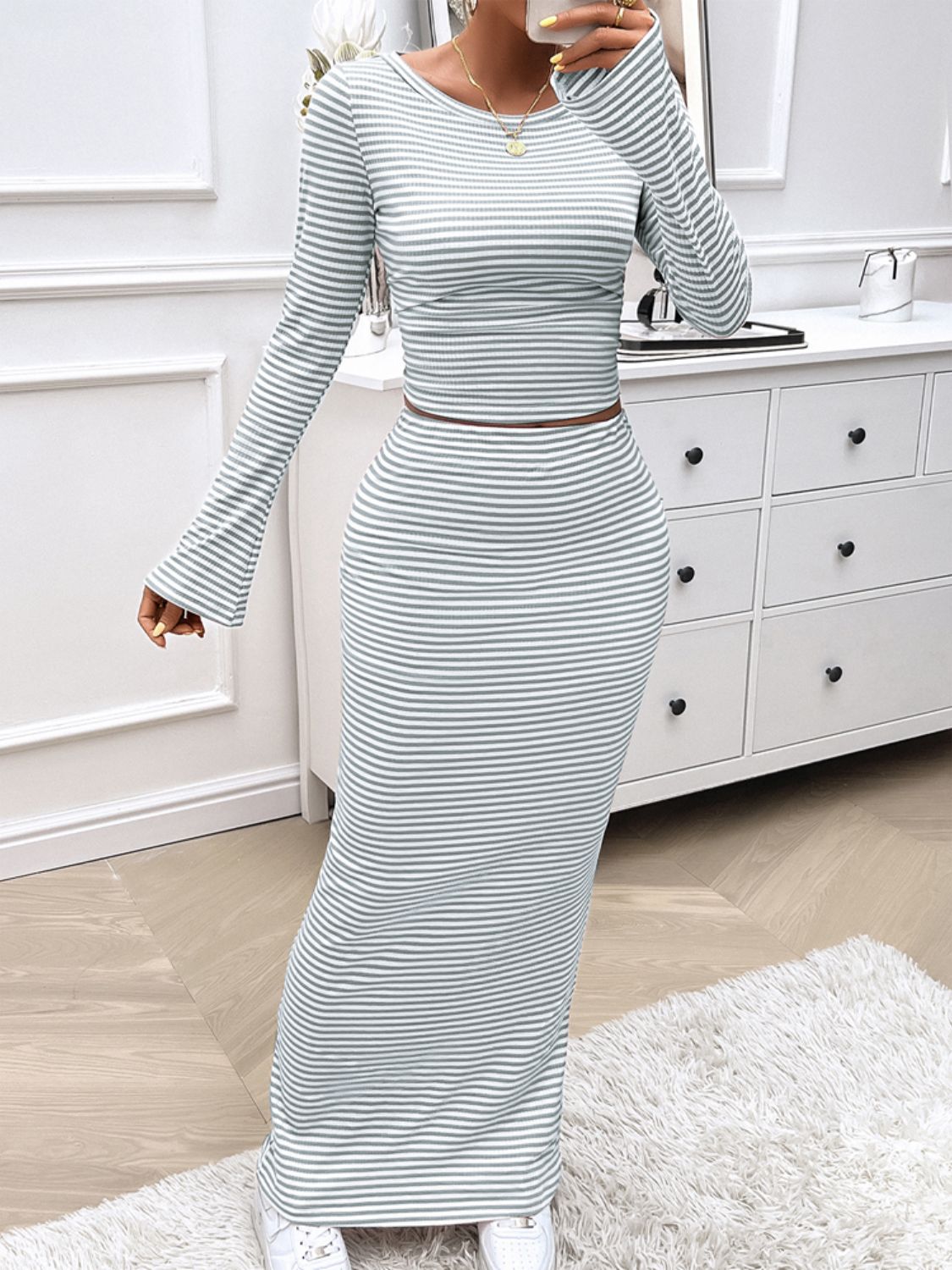 Chic & Striped: 2-Piece Boat Neck Top and Skirt Set Coco’s Tee Boutique