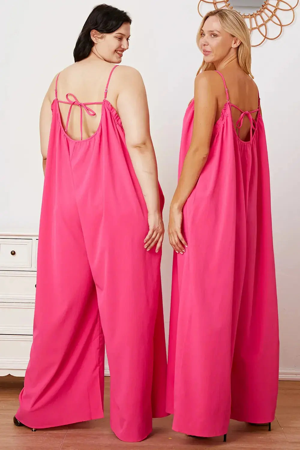 Double Take Full Size Ruffle Trim Tie Back Cami Jumpsuit with Pockets - Love Salve