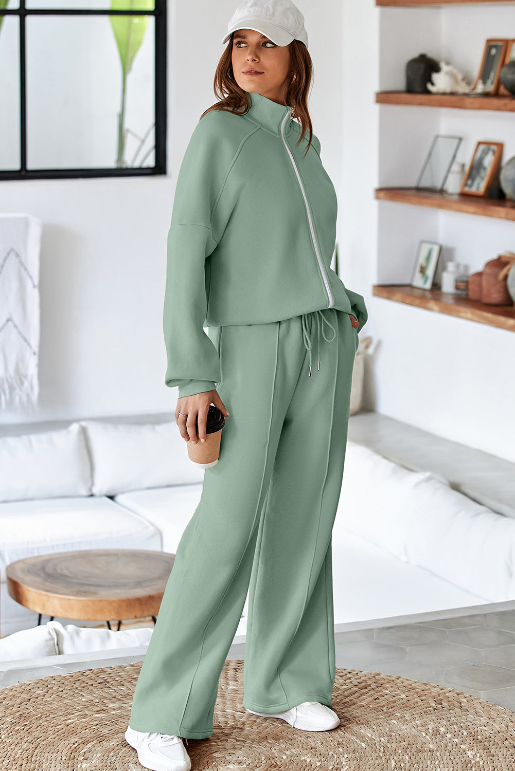 Premium Clearly Aqua Drop Shoulder Zip Up Jacket And Pants 2pcs Set
