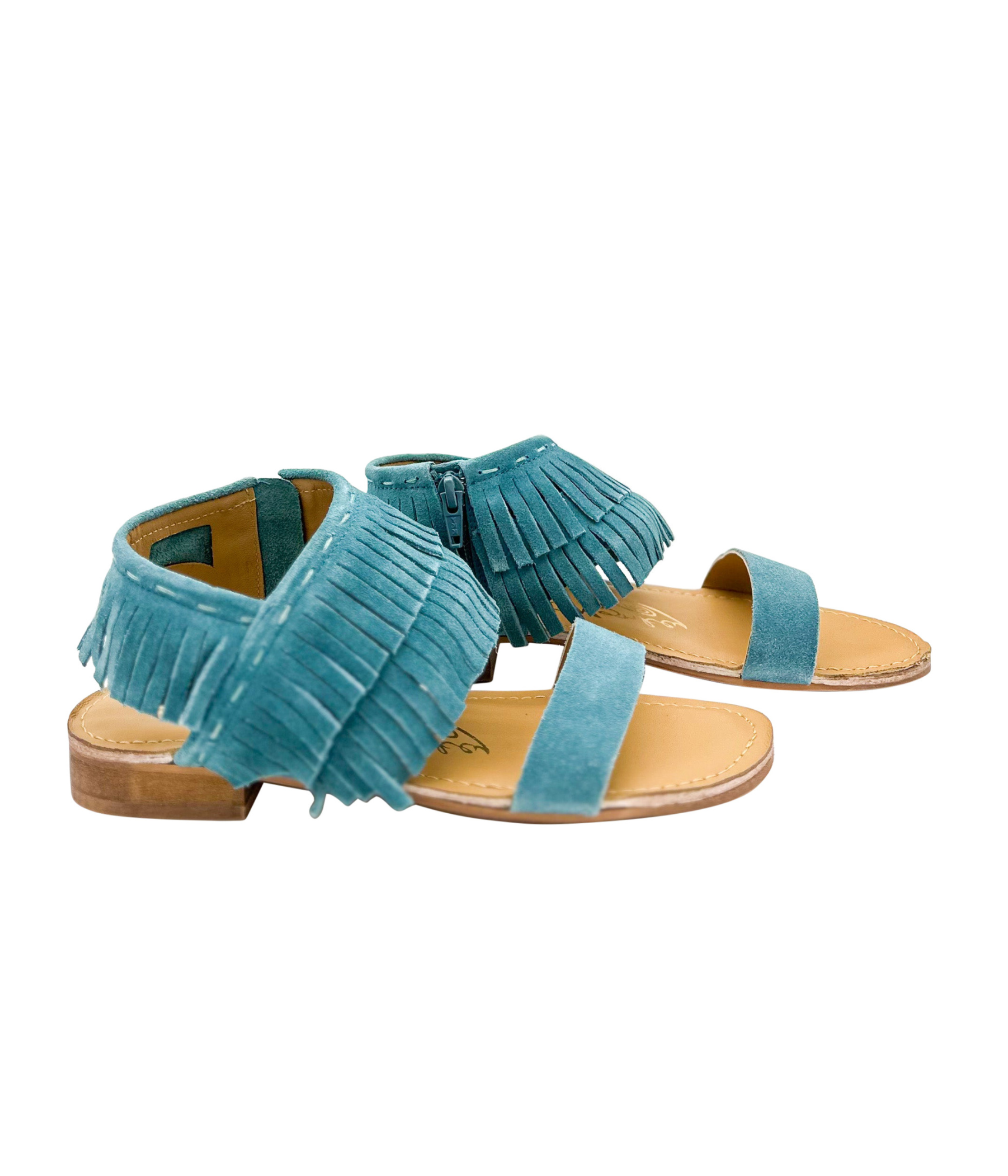 Fringe Star Sandal Teal Boho Chic Faux Suede Side Zip Naughty Monkey