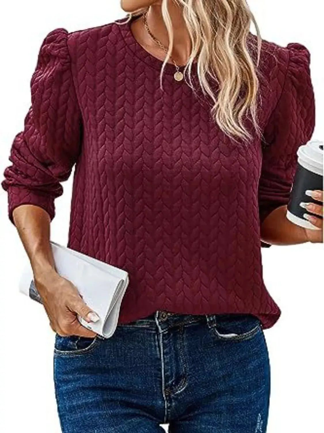 Textured Round Neck Long Sleeve Blouse Simply Love