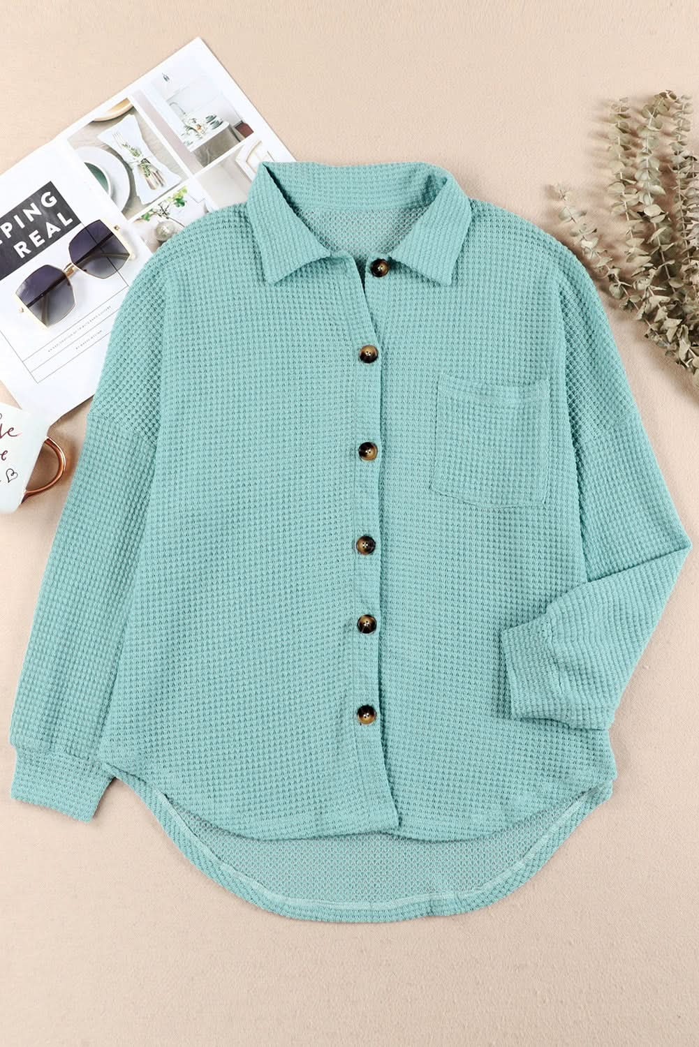 Collared Long Sleeve Waffle-Knit Shirt with Pocket