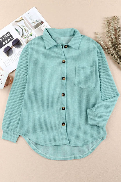 Collared Long Sleeve Waffle-Knit Shirt with Pocket