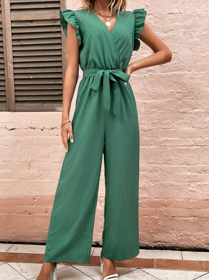 Chic ruffled surplice jumpsuit with cap sleeves