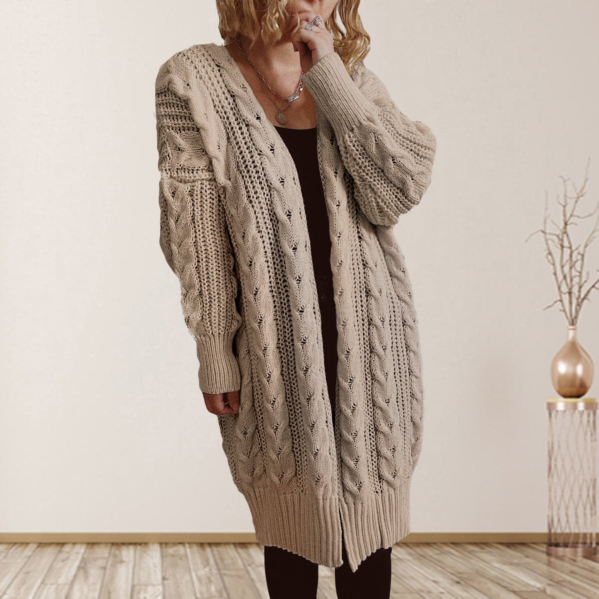 Cable-Knit Open Front Dropped Shoulder Cardigan.