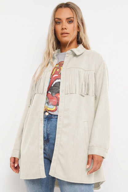 Chic plus size suede shacket with playful fringe detail