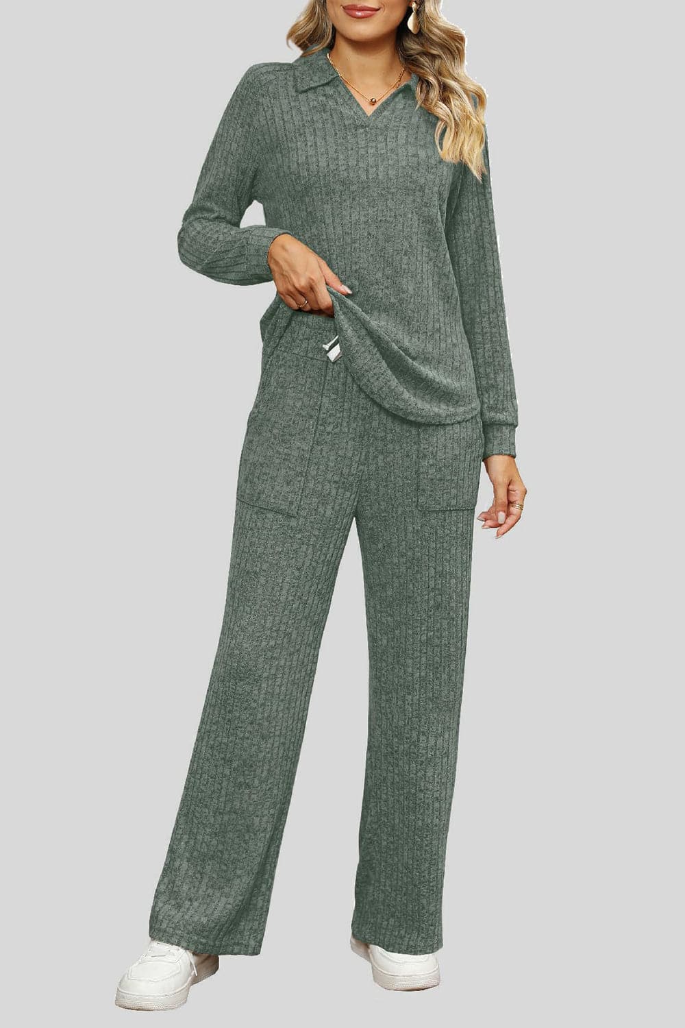 Ribbed Long Sleeve Top and Pocketed Pants Set.