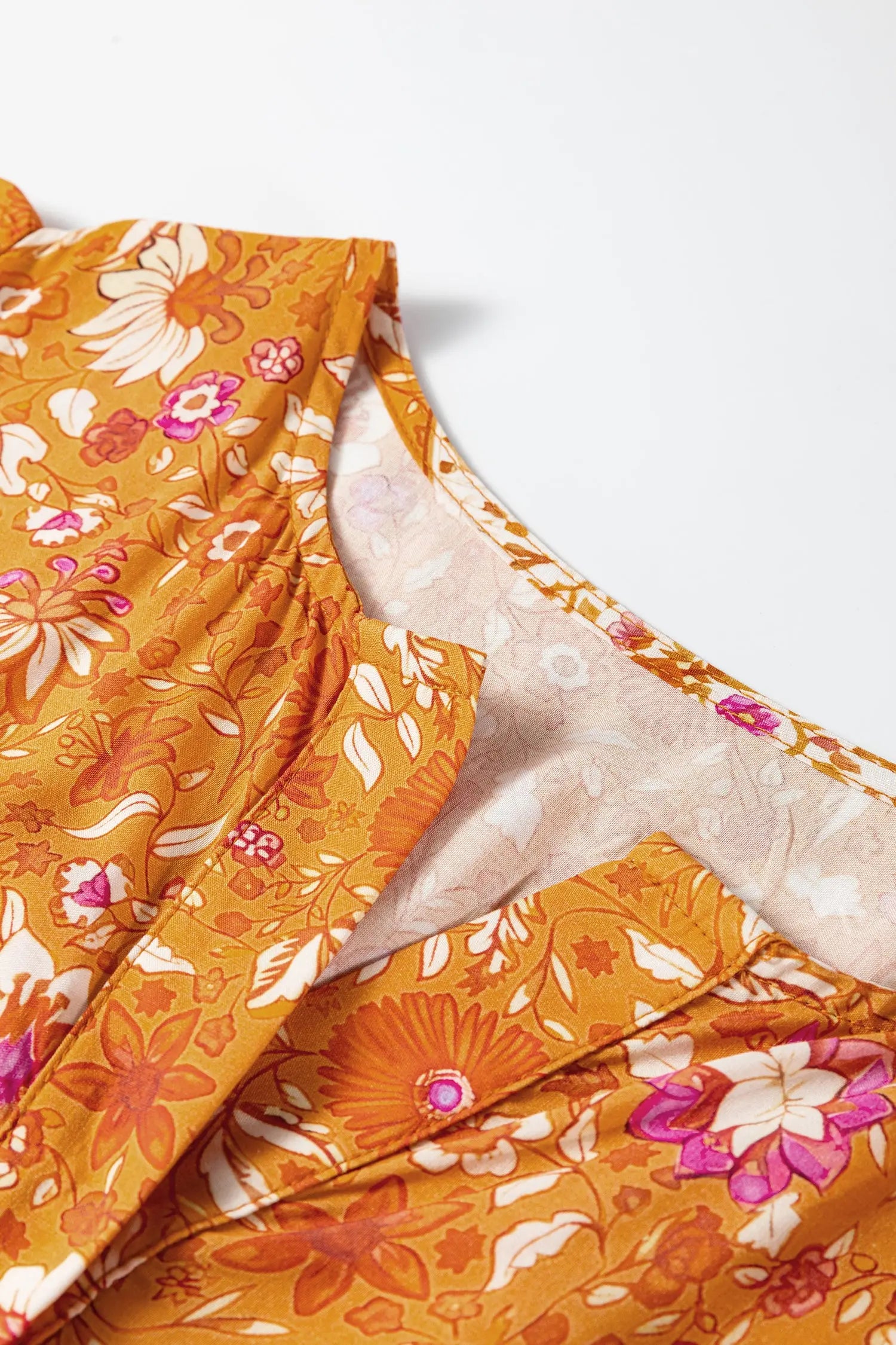 Orange Floral Print Smocked Waist Long Sleeve Boho Maxi Dress Dear-Lover Dropshipping